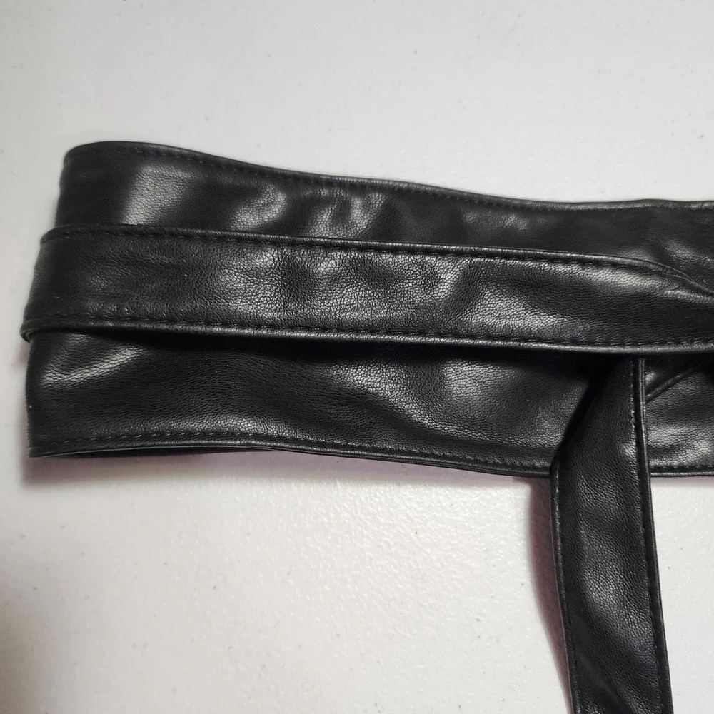 Black Faux Leather Obi Wrap Belt Wide Waist Sash Cinch Stud Detail